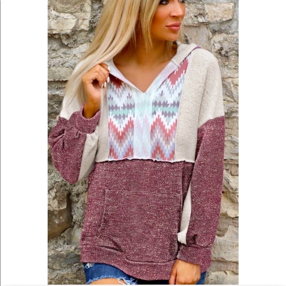 🌵Aztec/Tribal Print Color Block Hooded Sweatshirt Kangaroo Pocket - Picture 16 of 16